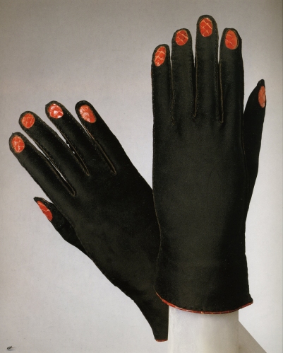 Made in Paris, France, Europe. Winter 1936-37 Designed by Elsa Schiaparelli, French (born Italy), 1890 - 1973  Black suede, red snakeskin 9 3/8 x 3 3/8 inches (23.8 x 8.6 cm)