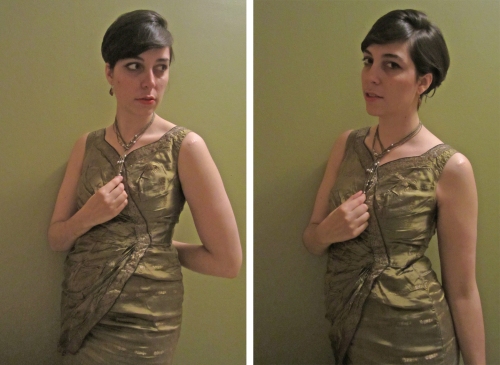 julia wearing a green 1960s dress with a short beehive.