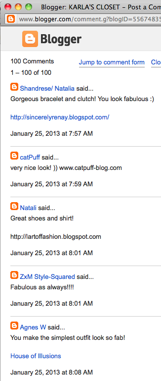 Screencap of comments left on a popular personal style blog. Short repetitive comments are standard, with links to their own blogs becoming the focal point.
